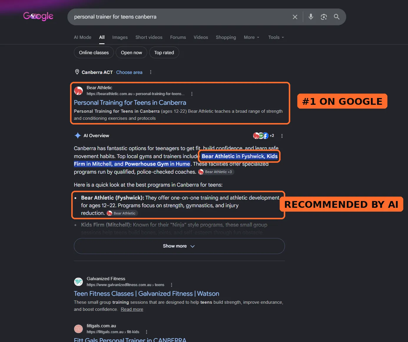 Google search for personal trainer for teens canberra showing our client Bear Athletic ranked first and named in Google's AI Overview
