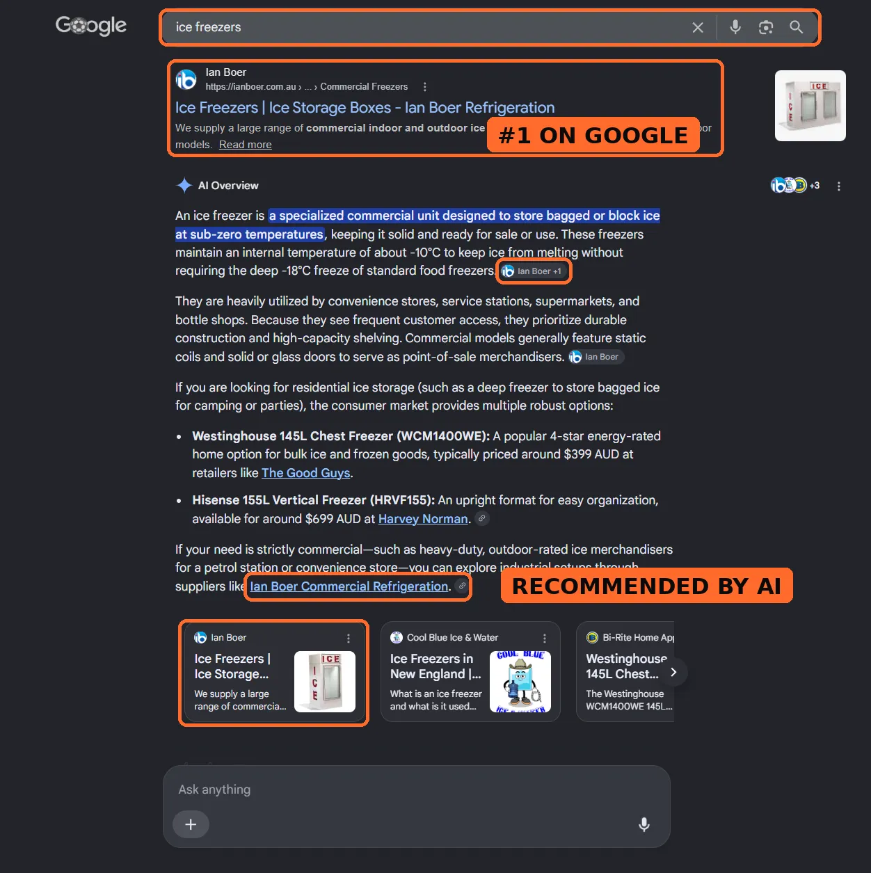 Google search for ice freezers showing our client Ian Boer ranked first and recommended in Google's AI Overview